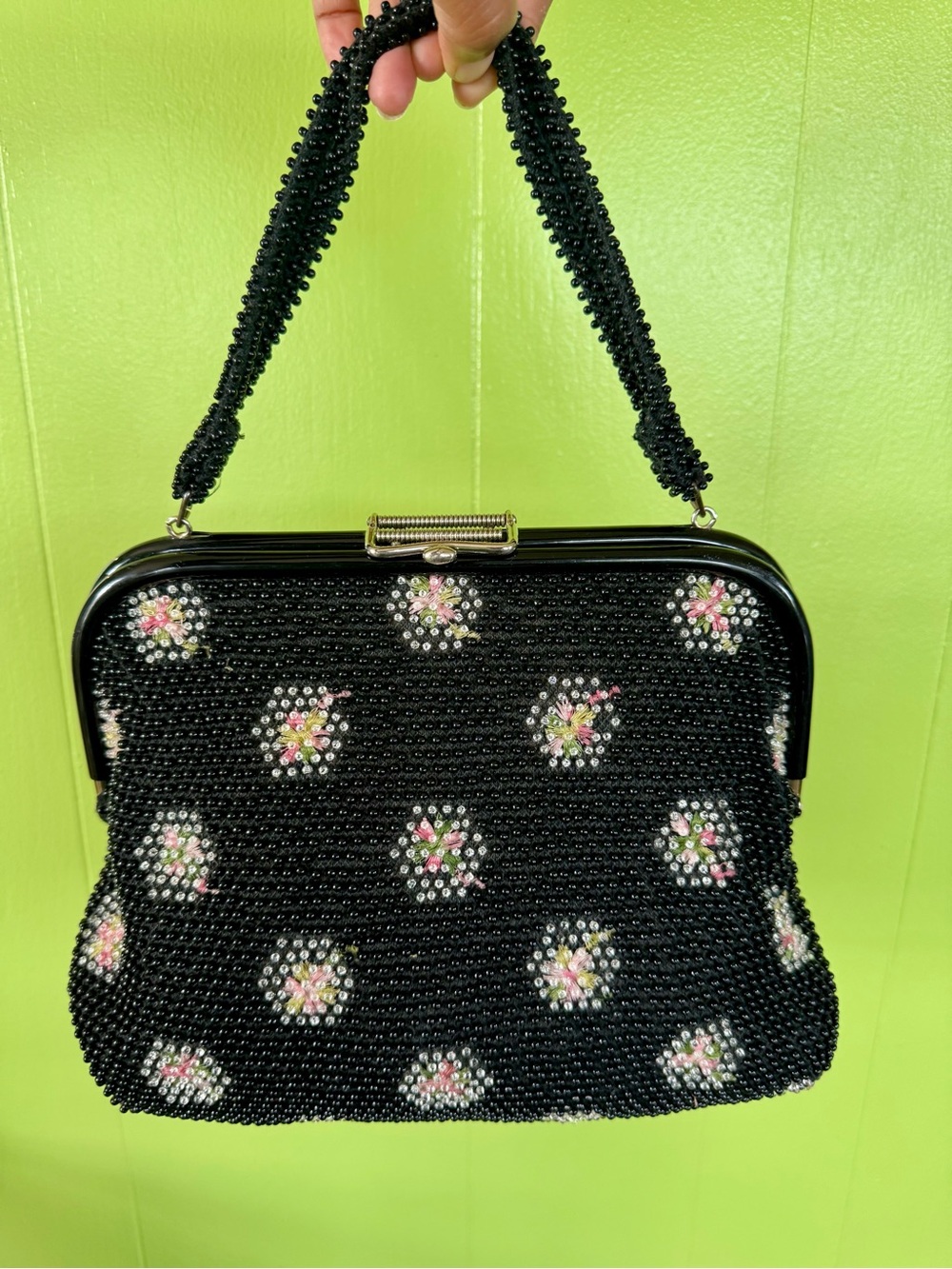 Vtg 60s Black Corde Bead Lumured Starburst Beaded Bag Retro Mod